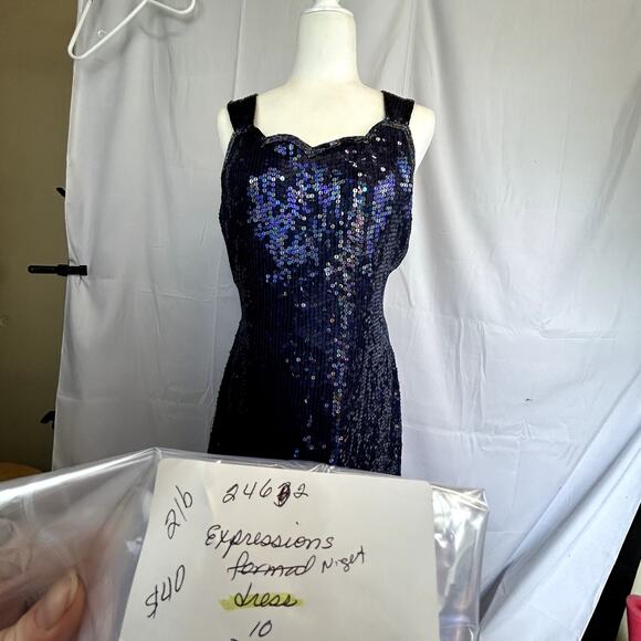 Expressions size 10 sequin Blue Dress women silk Night Out sleeveless top - Picture 10 of 10